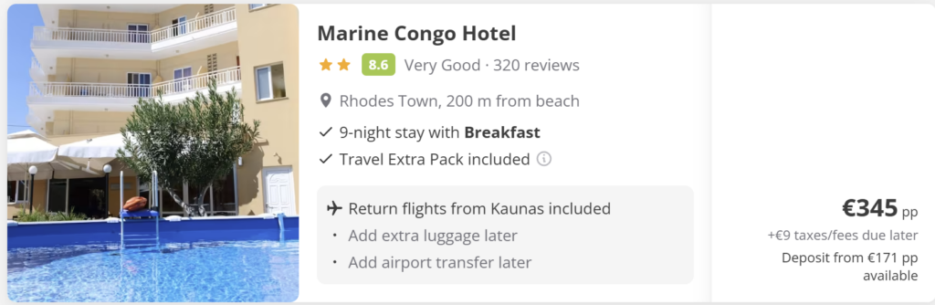 Rhodes from Kaunas flight and hotel package with breakfast – 9 nights direct return €345 per person