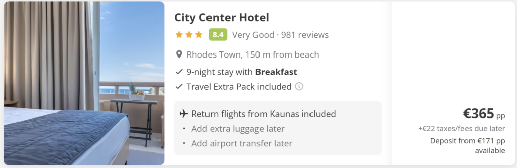 Rhodes from Kaunas flight and hotel package with breakfast – 9 nights direct return €345 per person