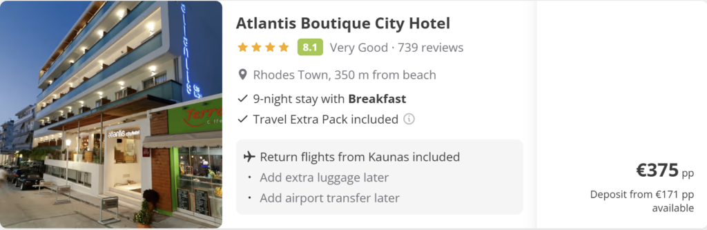 Rhodes from Kaunas flight and hotel package with breakfast – 9 nights direct return €345 per person