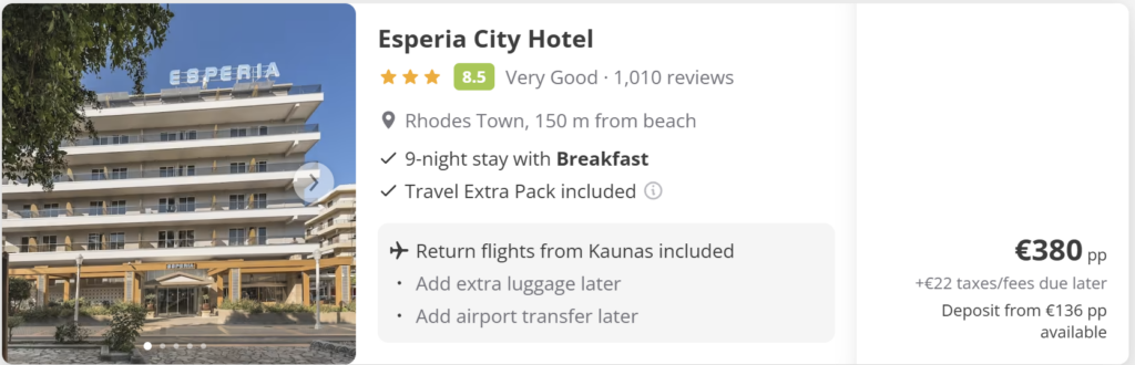 Rhodes from Kaunas flight and hotel package with breakfast – 9 nights direct return €345 per person