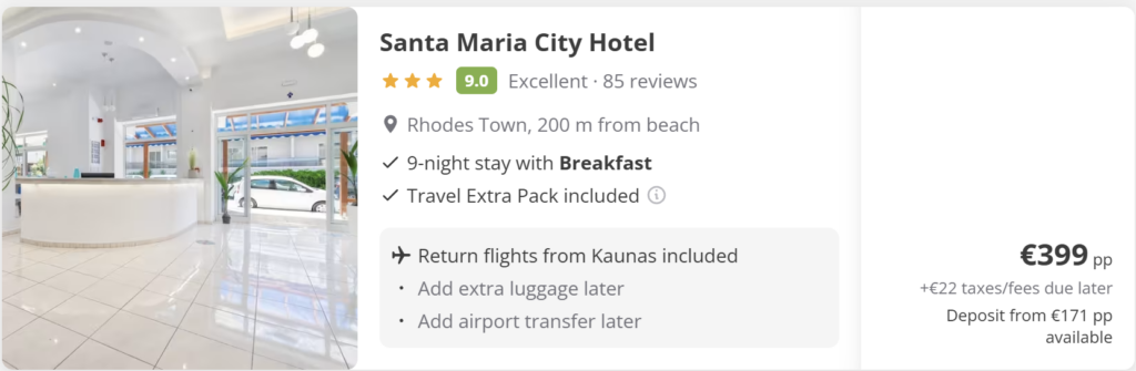 Rhodes from Kaunas flight and hotel package with breakfast – 9 nights direct return €345 per person