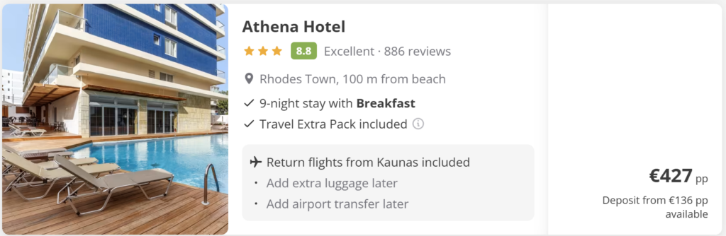 Rhodes from Kaunas flight and hotel package with breakfast – 9 nights direct return €345 per person