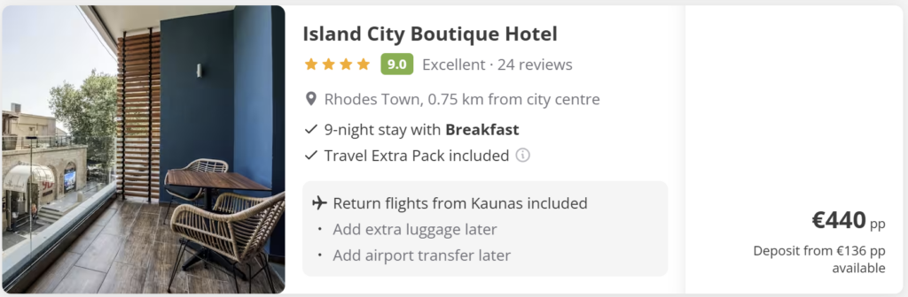 Rhodes from Kaunas flight and hotel package with breakfast – 9 nights direct return €345 per person