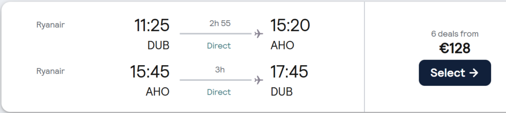 Cheap flights from Dublin to Alghero Sardinia €128 return May 2026 Mediterranean beach travel deal