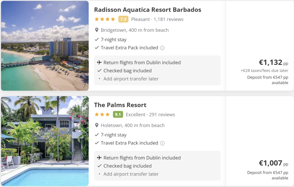 Direct flights from Dublin to Bridgetown, Barbados – return travel deal from €450 with travel dates April 2026