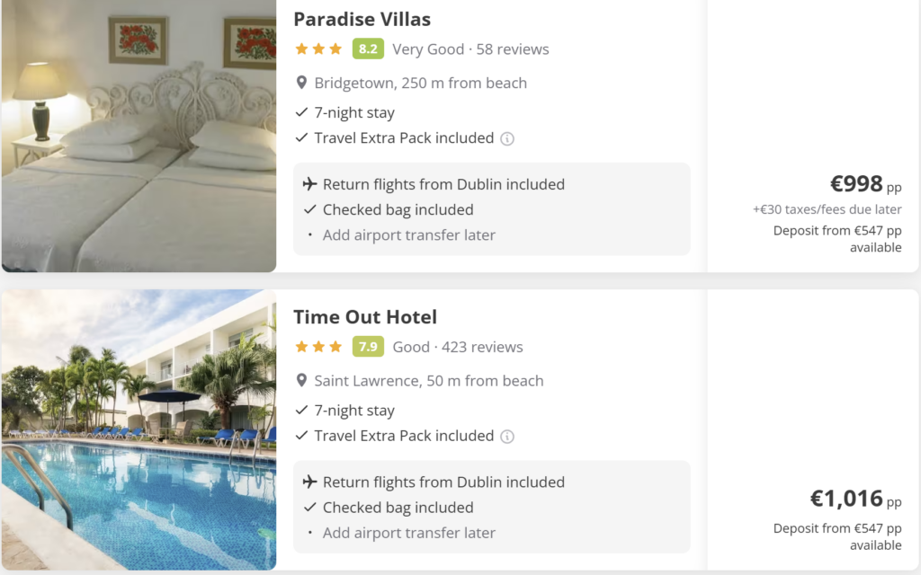 Direct flights from Dublin to Bridgetown, Barbados – return travel deal from €450 with travel dates April 2026