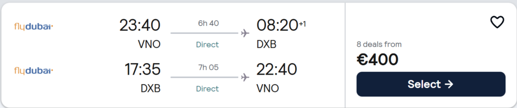 Cheap direct flights from Vilnius to Dubai – return flights from €400. Dubai skyline with Burj Khalifa, sandy beach and turquoise sea. Perfect city and beach getaway.