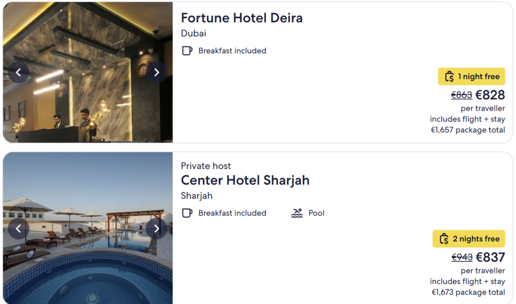 Cheap direct flights from Vilnius to Dubai – return flights from €400. Dubai skyline with Burj Khalifa, sandy beach and turquoise sea. Perfect city and beach getaway.