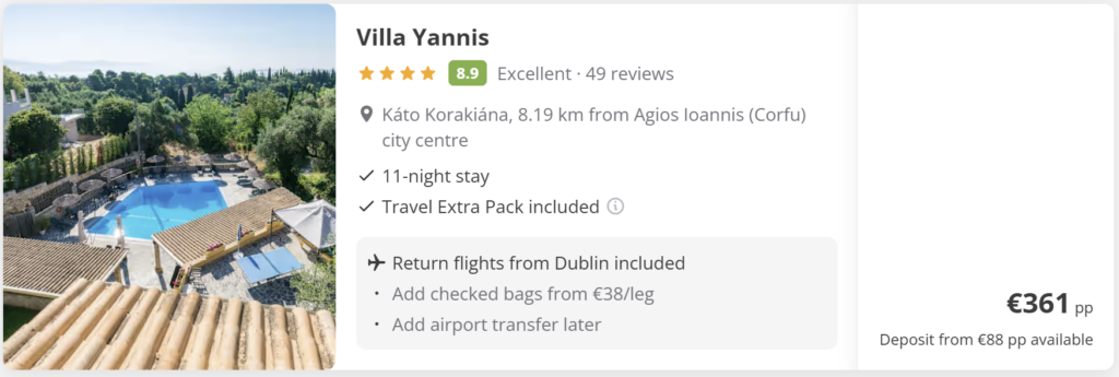 Cheap direct flights from Dublin to Corfu Greece for €68 return, Ryanair flights from 13 to 24 April 2026, featuring turquoise beach and cliff scenery.