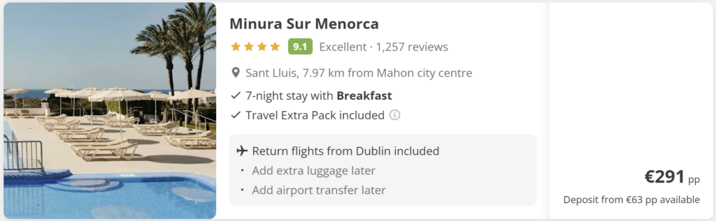 Cheap direct return flights from Dublin to Menorca for €44 per person, travel dates 22–29 April 2026. Ryanair direct evening flights with turquoise Menorca bay and coastal cliffs