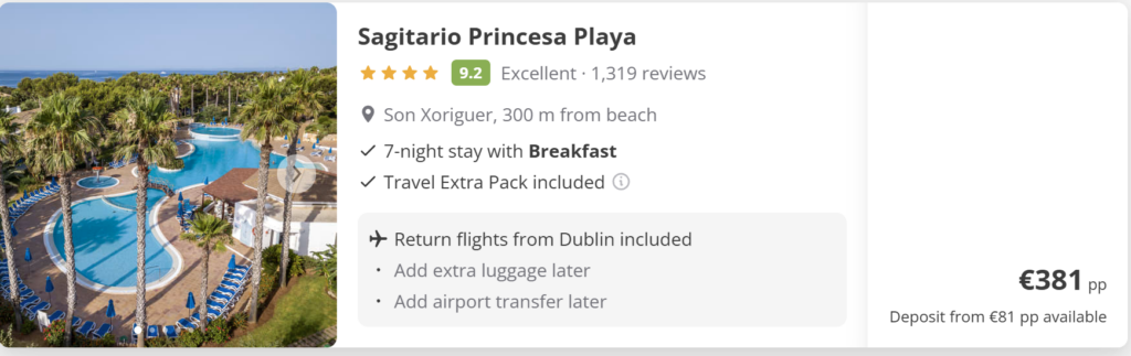 Cheap direct return flights from Dublin to Menorca for €44 per person, travel dates 22–29 April 2026. Ryanair direct evening flights with turquoise Menorca bay and coastal cliffs