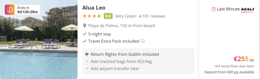 Palma Mallorca half board holiday deal from Dublin for €283 per person, travel dates 15–20 April 2026. Includes 5-night hotel stay for two travellers, half board meals, return flights from Dublin and €61 deposit option. Promotional travel card with Palmanova hotel pool and Palma coastline.