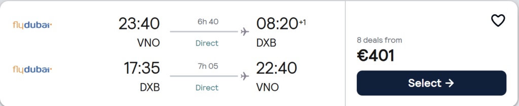 Skrydžių pasiūlymas į Dubajų iš Vilniaus už 400 € pirmyn–atgal, kelionės datos 2026 m. kovo 19–26 d. Tiesioginiai FlyDubai skrydžiai VNO–DXB–VNO, Dubajaus panorama su Burj Khalifa saulėlydžio fone