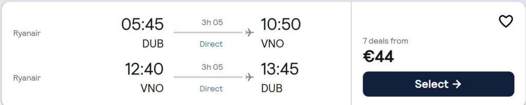 Direct Ryanair flights from Dublin to Vilnius from €44 return. Travel dates Thu 19 Mar – Thu 26 Mar 2026. Outbound 05:45 DUB – 10:50 VNO, return 12:40 VNO – 13:45 DUB. Budget city break deal from Dublin to Vilnius.