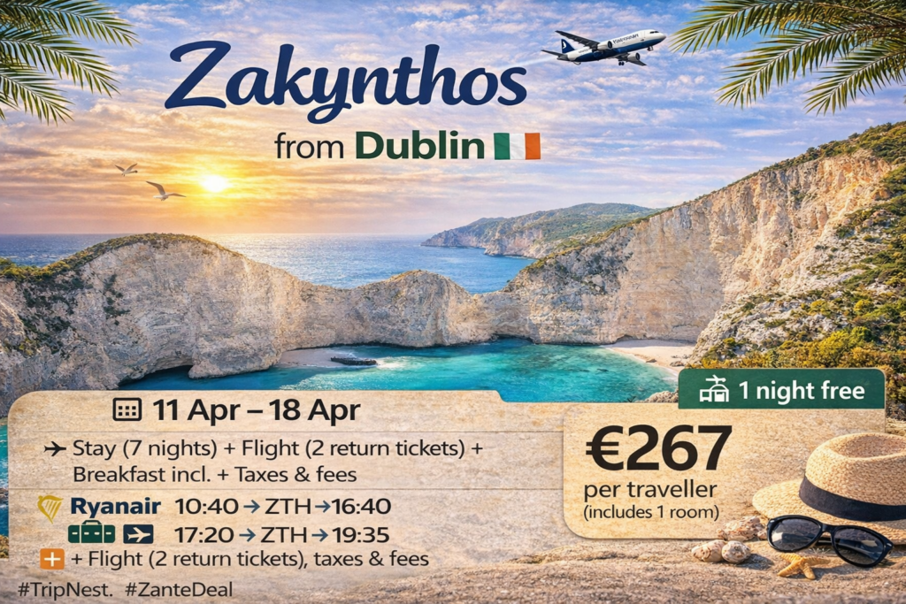 Studios and apartments in Alikanas, Zakynthos with breakfast included and pool, 1 night free offer, package price €267 per traveller including flights and stay, total package €533.