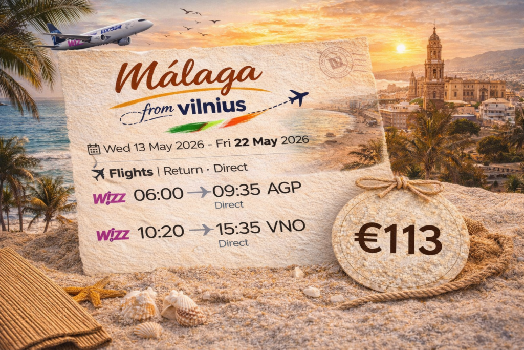 Tiesioginiai skrydžiai iš Vilniaus (VNO) į Malagą (AGP) su Wizz Air – išvykimas 06:00, grįžimas 10:20, kaina nuo 113 € į abi puses.