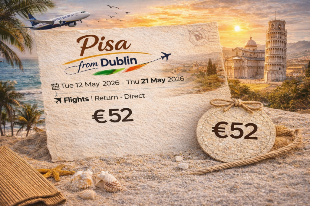 Pisa from Dublin direct return flights with Ryanair from €52, outbound 17:50 DUB to 21:30 PSA (2h 40m) and return 06:00 PSA to 07:50 DUB (2h 50m). Cheap Pisa flights from Ireland with direct service to Tuscany.