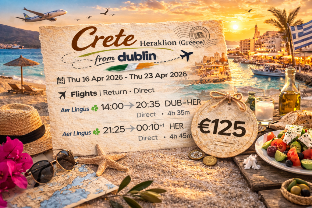 Crete holiday package from Dublin with 7 nights half board at Aelius Hotel and Spa in Kato Gouves near Heraklion Airport – flight and hotel deal with baggage included.