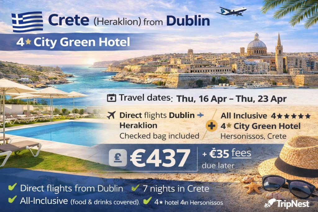 City Green Hotel 4★ in Hersonissos, Crete – outdoor swimming pool with sun loungers and umbrellas, 7-night all-inclusive stay with return direct flights from Dublin included, checked bag included, €437 per person plus €35 taxes/fees due later.