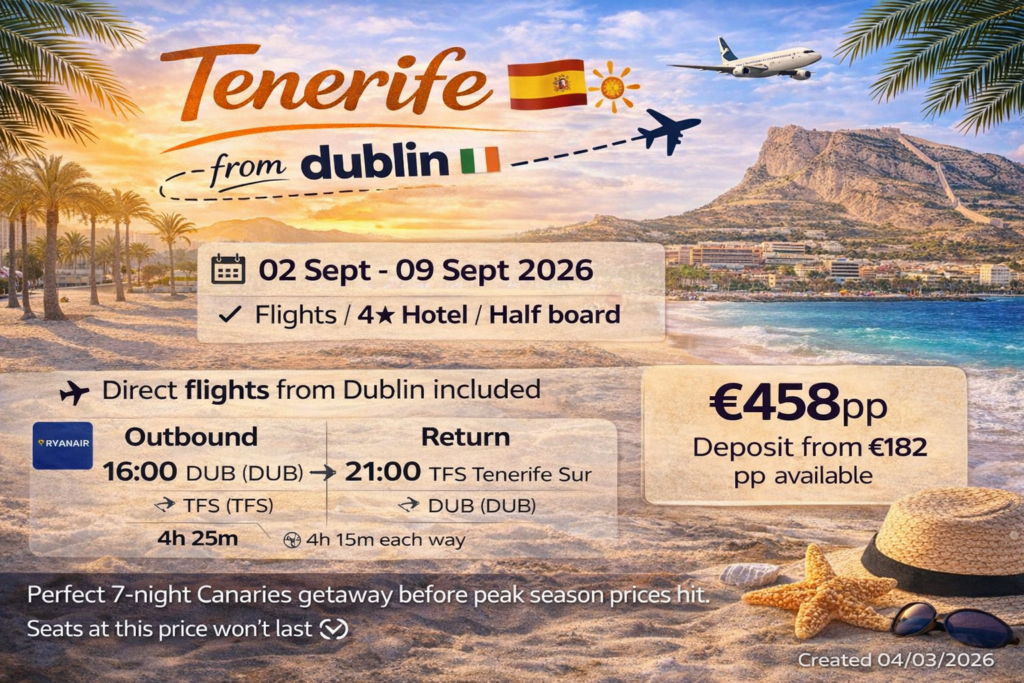 Checkin Concordia Playa Tenerife holiday from Dublin with return flights included, 7-night half board stay in Puerto de la Cruz beach hotel from €452 per person.