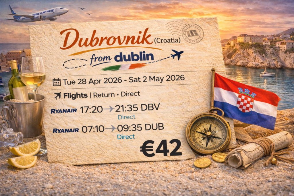 Cheap flight and hotel deal from Dublin to Dubrovnik Croatia with direct flights and coastal hotel stay