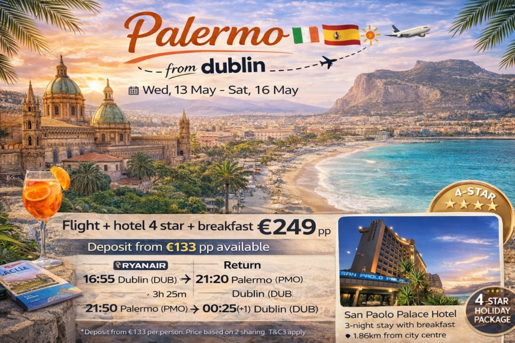 Travel deal to Palermo, Sicily from Dublin including return Ryanair flights, 3 nights at the 4-star San Paolo Palace Hotel with breakfast, price from €249 per person with deposit option available.