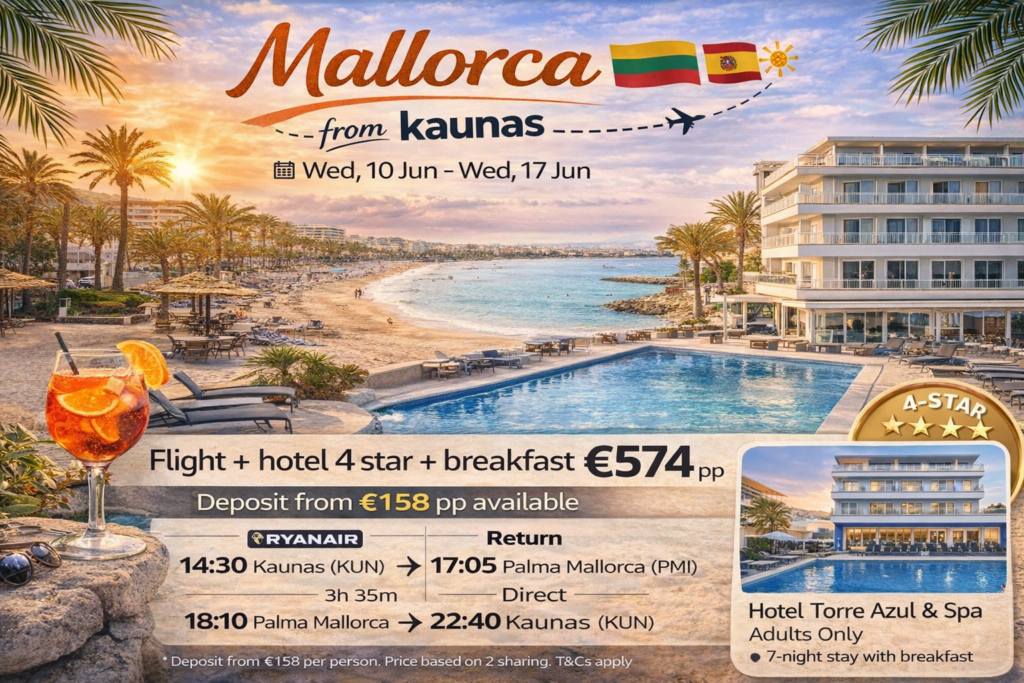 Kelionės pasiūlymas į Palmą, Maljorką iš Kauno su tiesioginiais Ryanair skrydžiais ir 7 naktimis 4★ viešbutyje Hotel Torre Azul & Spa su pusryčiais nuo 574 €.