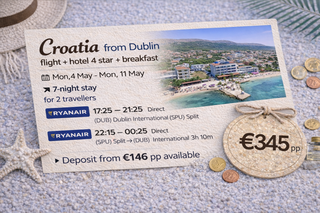 Split Croatia travel deal from Dublin – flights and 4 star hotel with breakfast, 7 night stay from €345 per person