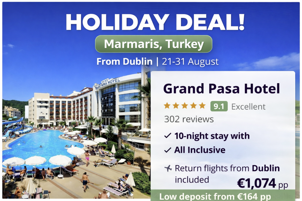 Luxury hotel in Marmaris with large outdoor swimming pool, sun loungers and palm trees, all inclusive holiday package with flights included