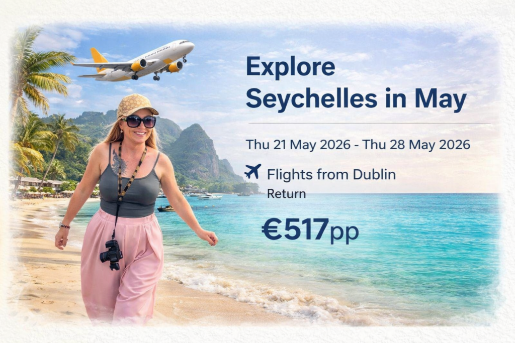 Affordable return flights from Dublin to Seychelles (Mahé) in May 2026 with one stop in Abu Dhabi, operated by Etihad Airways and Air Seychelles, starting from €517 per person.
