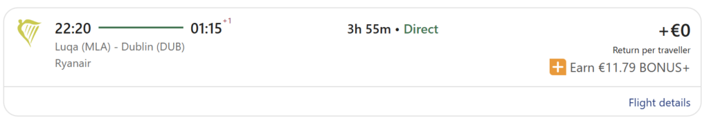 Malta travel deal from Dublin featuring a 4-night stay with breakfast included and return Ryanair flights, travel dates 7 May – 11 May, package total €593.31 and €296.66 per traveller, displayed over a sunset view of Valletta’s coastline and harbour with turquoise sea and historic limestone buildings.