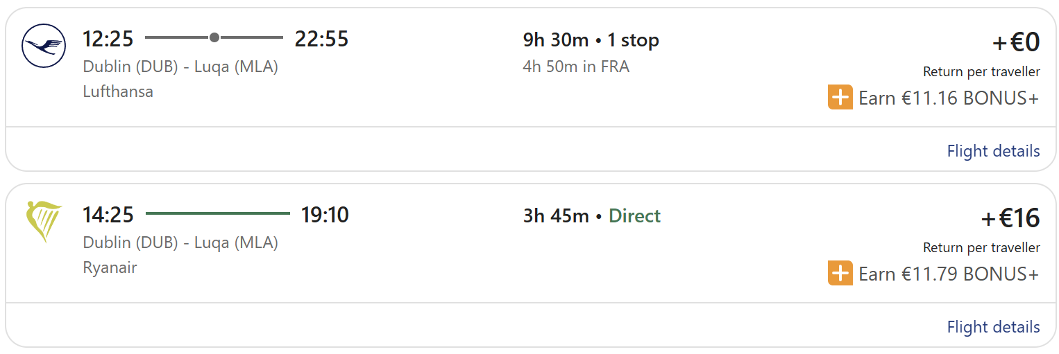 Malta travel deal from Dublin featuring a 4-night stay with breakfast included and return Ryanair flights, travel dates 7 May – 11 May, package total €593.31 and €296.66 per traveller, displayed over a sunset view of Valletta’s coastline and harbour with turquoise sea and historic limestone buildings.