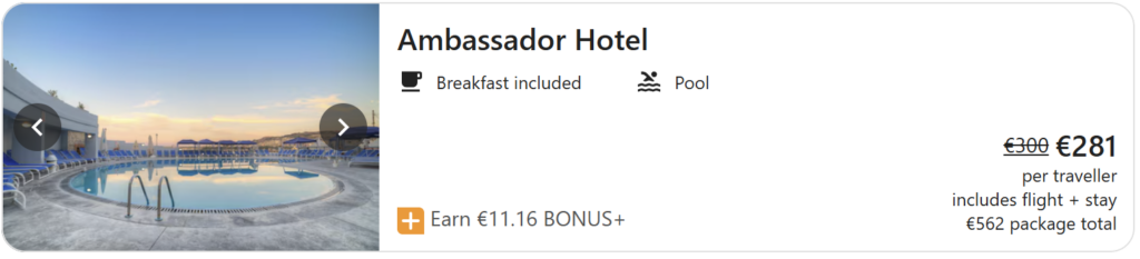 Malta travel deal from Dublin featuring a 4-night stay with breakfast included and return Ryanair flights, travel dates 7 May – 11 May, package total €593.31 and €296.66 per traveller, displayed over a sunset view of Valletta’s coastline and harbour with turquoise sea and historic limestone buildings.