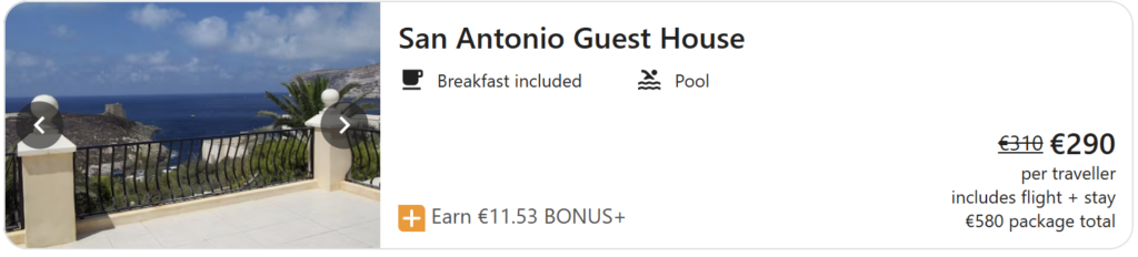 Malta travel deal from Dublin featuring a 4-night stay with breakfast included and return Ryanair flights, travel dates 7 May – 11 May, package total €593.31 and €296.66 per traveller, displayed over a sunset view of Valletta’s coastline and harbour with turquoise sea and historic limestone buildings.