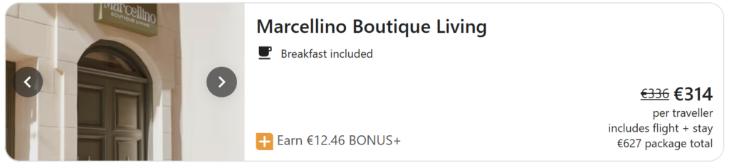 Malta travel deal from Dublin featuring a 4-night stay with breakfast included and return Ryanair flights, travel dates 7 May – 11 May, package total €593.31 and €296.66 per traveller, displayed over a sunset view of Valletta’s coastline and harbour with turquoise sea and historic limestone buildings.