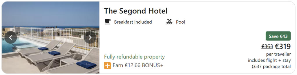 Malta travel deal from Dublin featuring a 4-night stay with breakfast included and return Ryanair flights, travel dates 7 May – 11 May, package total €593.31 and €296.66 per traveller, displayed over a sunset view of Valletta’s coastline and harbour with turquoise sea and historic limestone buildings.