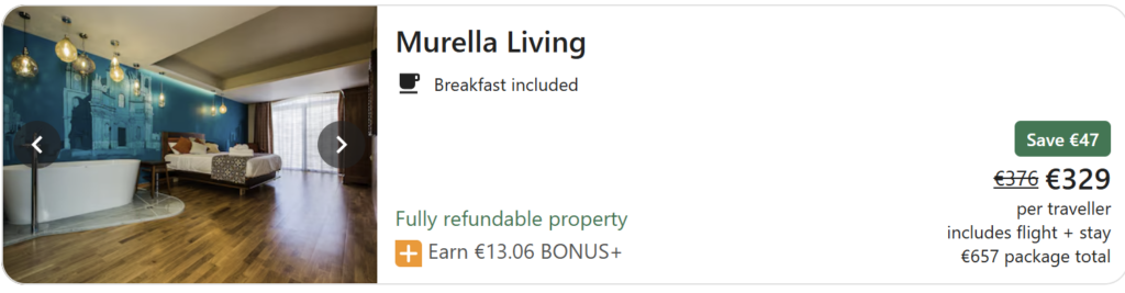 Malta travel deal from Dublin featuring a 4-night stay with breakfast included and return Ryanair flights, travel dates 7 May – 11 May, package total €593.31 and €296.66 per traveller, displayed over a sunset view of Valletta’s coastline and harbour with turquoise sea and historic limestone buildings.