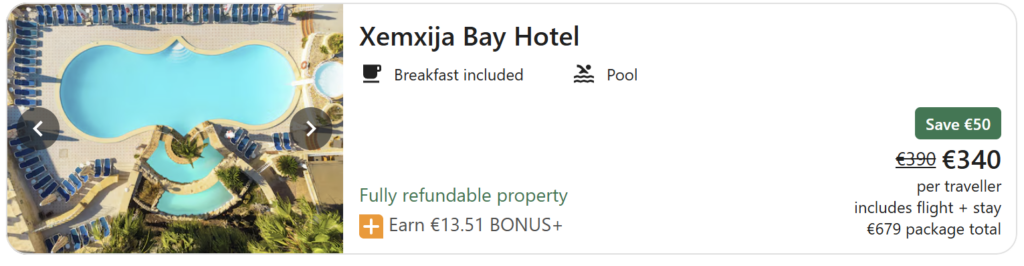 Malta travel deal from Dublin featuring a 4-night stay with breakfast included and return Ryanair flights, travel dates 7 May – 11 May, package total €593.31 and €296.66 per traveller, displayed over a sunset view of Valletta’s coastline and harbour with turquoise sea and historic limestone buildings.