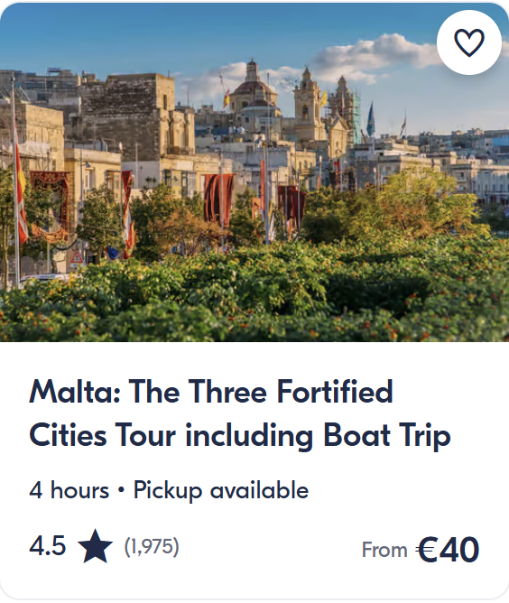 Section titled “What To Do In Malta” showing three popular activities: a Gozo, Comino and Blue Lagoon boat cruise with swimming, a 3-hour Valletta walking tour, and a Three Fortified Cities tour with boat trip, each with ratings, duration and prices starting from €22–€40, displayed with scenic coastal and historic Malta images.