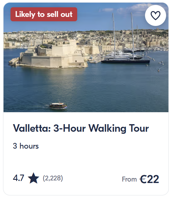 Section titled “What To Do In Malta” showing three popular activities: a Gozo, Comino and Blue Lagoon boat cruise with swimming, a 3-hour Valletta walking tour, and a Three Fortified Cities tour with boat trip, each with ratings, duration and prices starting from €22–€40, displayed with scenic coastal and historic Malta images.