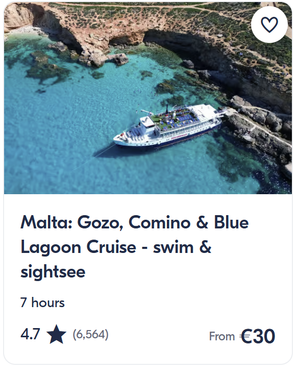 Section titled “What To Do In Malta” showing three popular activities: a Gozo, Comino and Blue Lagoon boat cruise with swimming, a 3-hour Valletta walking tour, and a Three Fortified Cities tour with boat trip, each with ratings, duration and prices starting from €22–€40, displayed with scenic coastal and historic Malta images.