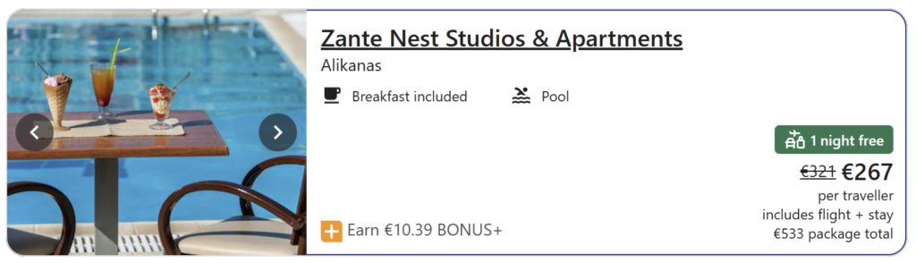 Studios and apartments in Alikanas, Zakynthos with breakfast included and pool, 1 night free offer, package price €267 per traveller including flights and stay, total package €533.