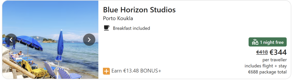 Beachfront hotel in Tsilivi, Zakynthos with breakfast included and pool, package price €381 per traveller including flights and stay, total package €762.