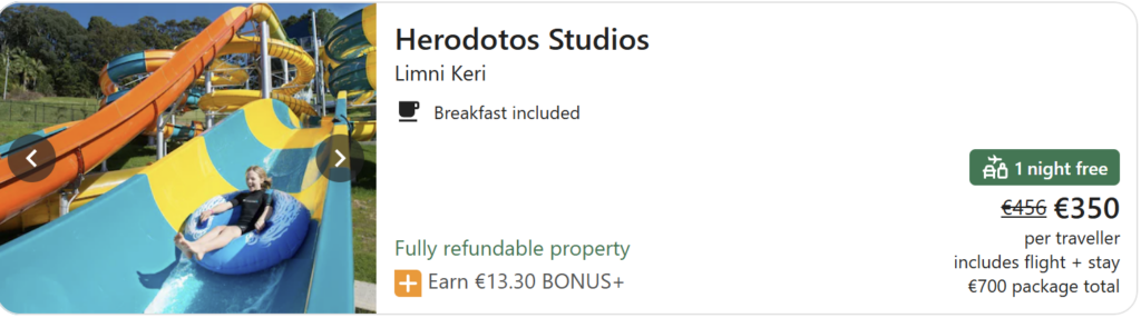 Studios in Limni Keri, Zakynthos with breakfast included and fully refundable option, package price €350 per traveller including flights and stay, total package €700.