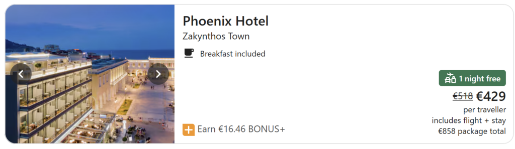 City hotel in Zakynthos Town with breakfast included, package price €429 per traveller including flights and stay, total package €858.