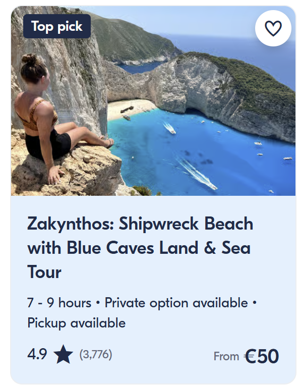 Top-rated Zakynthos excursion to Navagio Shipwreck Beach and Blue Caves with panoramic cliff viewpoint and boat experience.