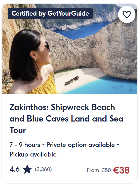 Combined land and sea tour to Shipwreck Beach and Blue Caves in Zakynthos, including viewpoint stop and boat trip.