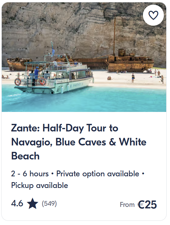 Half-day boat tour to Navagio Shipwreck, Blue Caves and White Beach in Zakynthos with swimming stops and scenic coastal views.