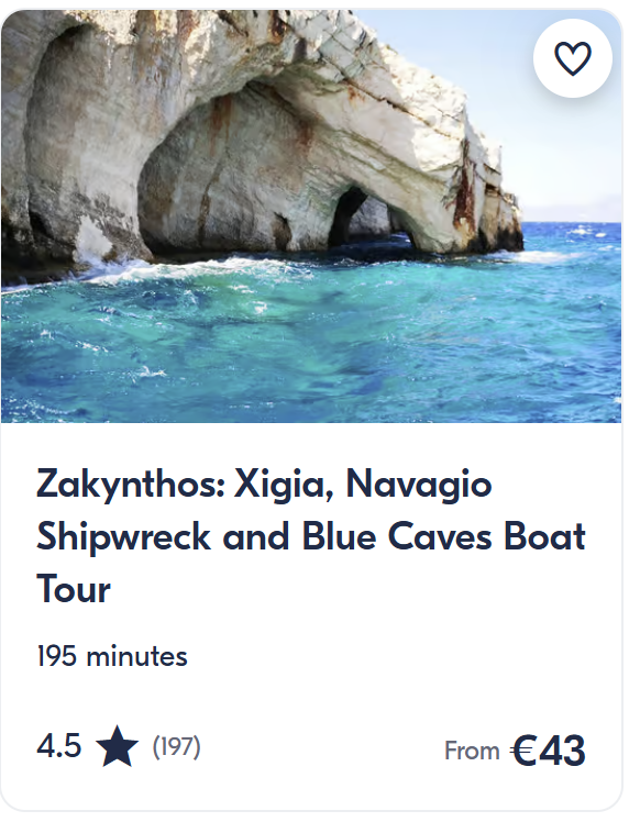 Boat tour to Xigia Beach, Navagio Shipwreck and Blue Caves in Zakynthos, 195-minute excursion, rated 4.5 stars, price from €43.