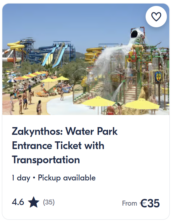 Zakynthos water park day ticket with transport included, full-day activity, rated 4.6 stars, price from €35.